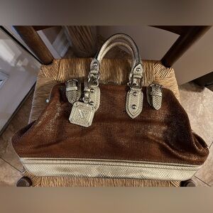 Maxx New York Metallic Bronze Woven Satchel Tote with Snakeskin Trim